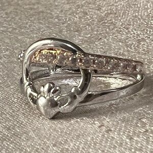 Silver, Rose Gold & Cubic Zirconia Claddagh Ring from Ireland - 6.5